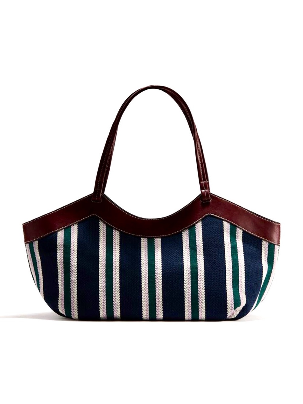H&M Navy, Green and White Striped Tote with Brown Trim
